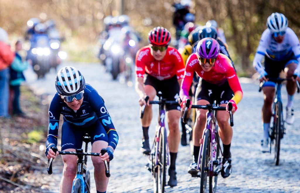 Dutch Annemiek van Vleuten of Movistar Team and Dutch Demi Vollering of SD Worx compete during the womens elite race of the Omloop Het Nieuwsblad oneday cycling race 1284km from Gent to Ninove on February 26 2022 Belgium OUT Photo by JASPER JACOBS various sources AFP Belgium OUT Photo by JASPER JACOBSBelgaAFP via Getty Images
