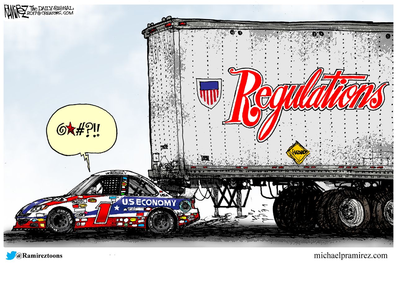 Political Cartoon U.S. Economy regulations old back progress