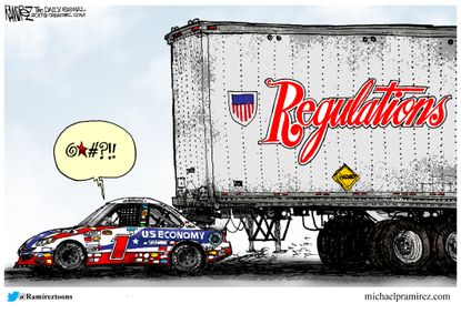 Political Cartoon U.S. Economy regulations old back progress