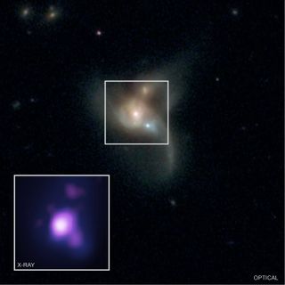 A view from multiple telescopes of SDSS J084905.51+111447.2, a system of three merging galaxies found about 1 billion light-years from Earth. The system harbors three supermassive black holes on a collision course, a new study reports.