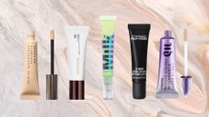 Collage of 5 of the best eyeshadow primers featured in this guide from (left to right) Beauty Pie, Hourglass, Milk Makeup, MAC and Urban Decay, set against a marbled pink background