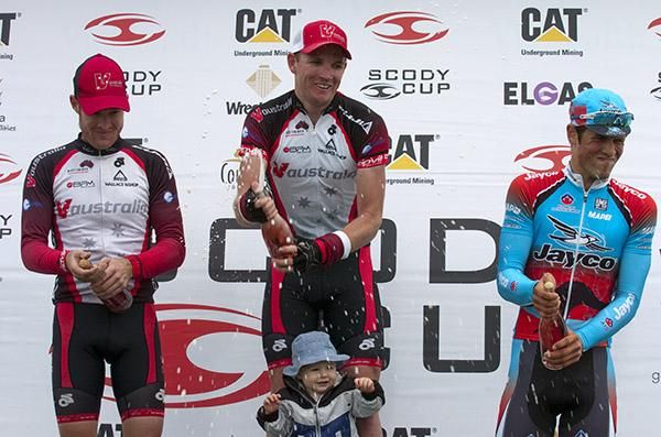 The stage four podium (l-r): Bernard Sulzberger (2nd,V Australia), Aaron Kemps (1st,V Australia) and Alex Carver (3rd,Jayco/AIS).
