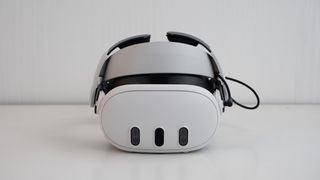 The front of the Meta Quest 3 headset with a BoboVR M3 Pro head strap installed