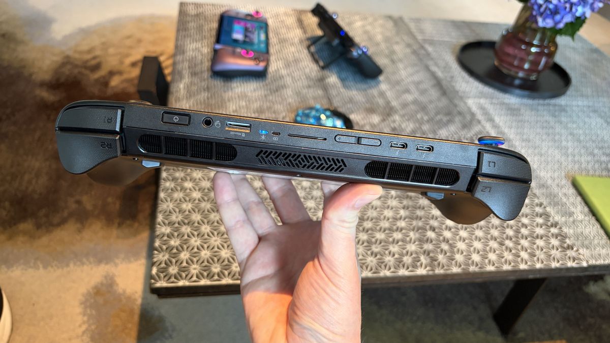 Close-up of an Acer Predator Atlas 8 handheld gaming device showing ports and controls.