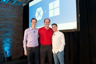 Nat Friedman, CEO and cofounder of Xamarin; Scott Guthrie, executive vice president of the Microsoft Cloud and Enterprise Group; and Miguel de Icaza, CTO and cofounder of Xamarin.