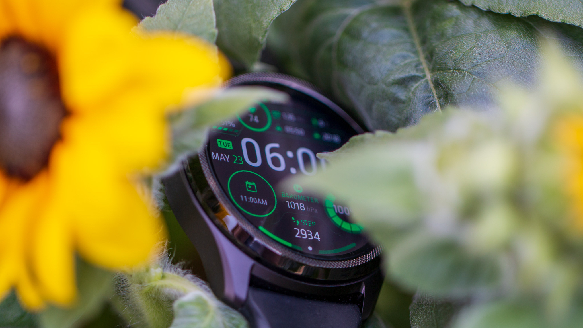 TicWatch Pro 5 angled in sunflowers