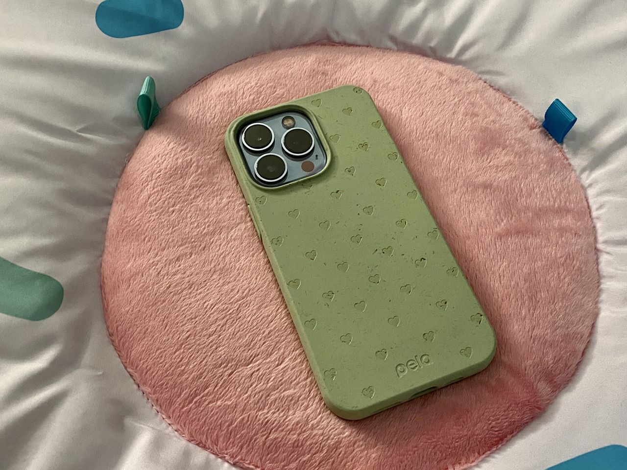 Pela Sage Green Hearts Iphone 13 Pro Case Back Flat