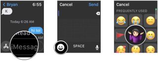 Send emoji on Apple Watch: Tap message area, tap emoji button, select your emoji