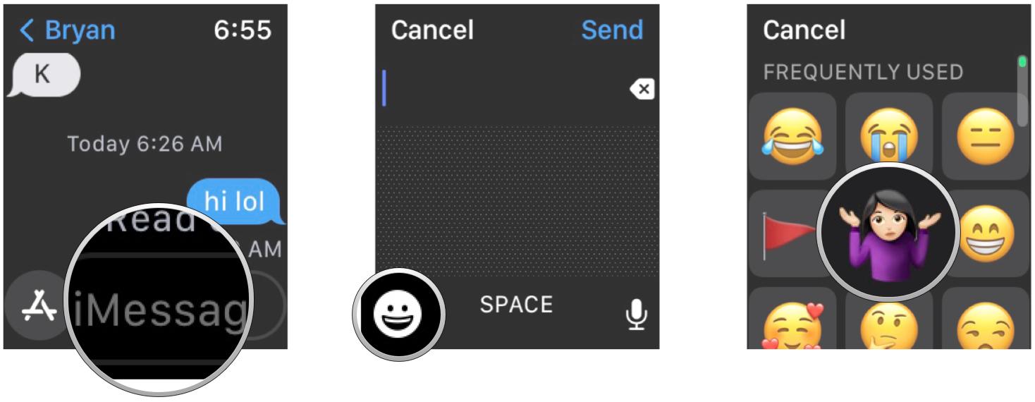 Send emoji on Apple Watch: Tap message area, tap emoji button, select your emoji