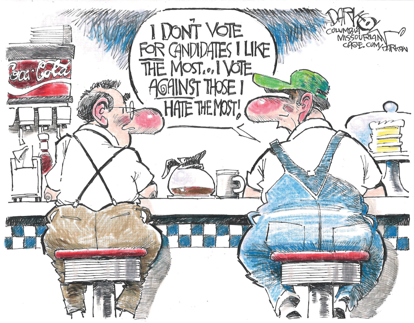 Two men sit at the counter in a diner. One says to the other, &amp;ldquo;I don&amp;rsquo;t vote for candidates I like the most..I vote against those I hate the most!&amp;rdquo;