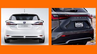 A comparison of the two Lexus logos on the back of two vehicles
