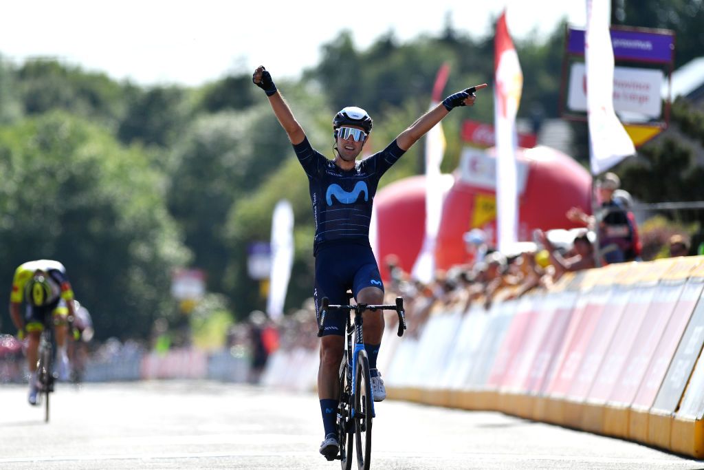 HERVE BELGIUM JULY 24 Oier Lazkano Lopez of Spain and Movistar Team celebrates winning during the 43rd Ethias Tour de Wallonie 2022 Stage 2 a 1768km stage from Verviers to Herve 274m ethiastourdewallonie22 on July 24 2022 in Herve Belgium Photo by Luc ClaessenGetty Images
