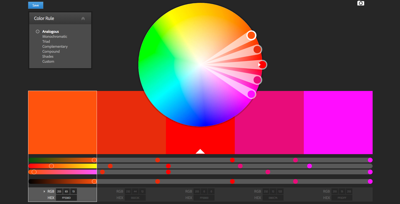 Colour wheel selection screen with adjustment tools