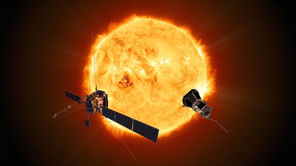 An artist&#039;s depiction of the ESA-NASA Solar Orbiter and NASA&#039;s Parker Solar Probe studying the sun.