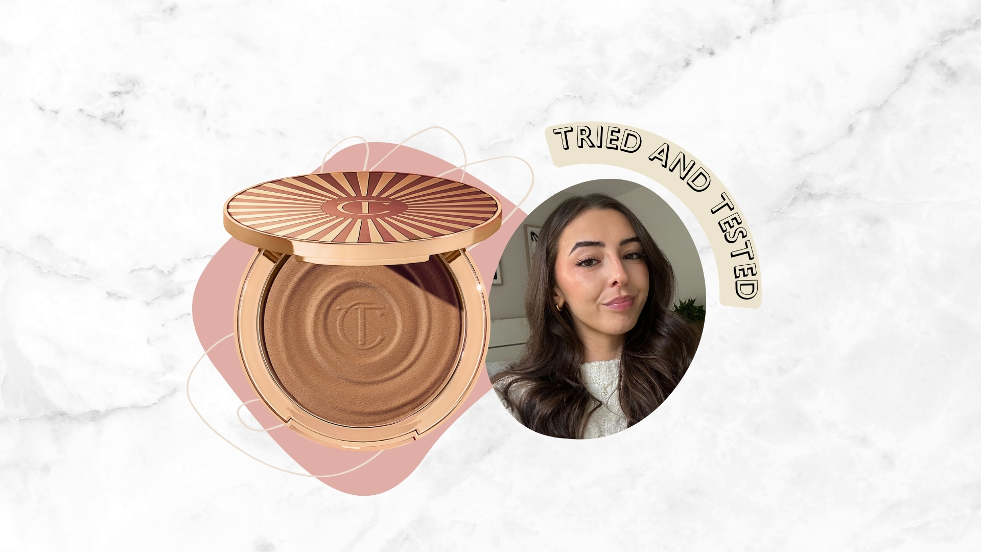 Charlotte Tilbury&#039;s Beautiful Skin Bronzer, on a white marble background with pink shape motifs and a tried and tested label, with a picture of Sennen Prickett wearing the bronzer