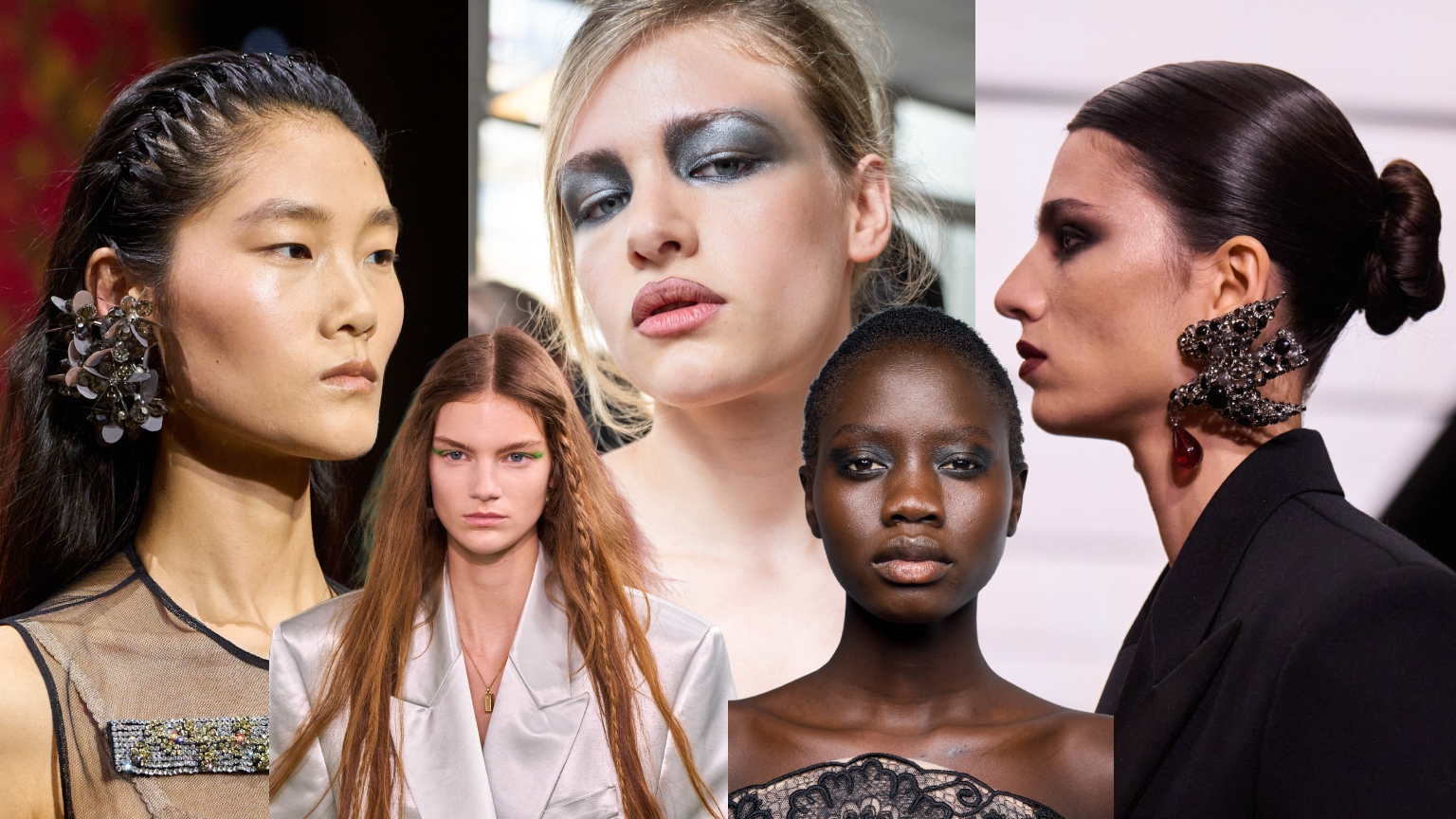 a collage of five models at paris fashion week with stylish hair and makeup