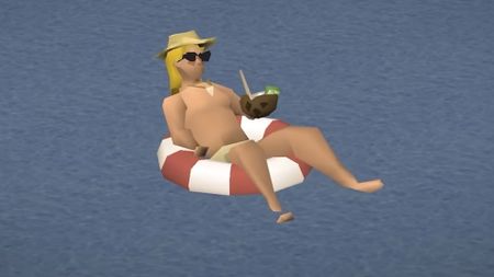Old School RuneScape player floats shirtless in a dingy with a coconut drink