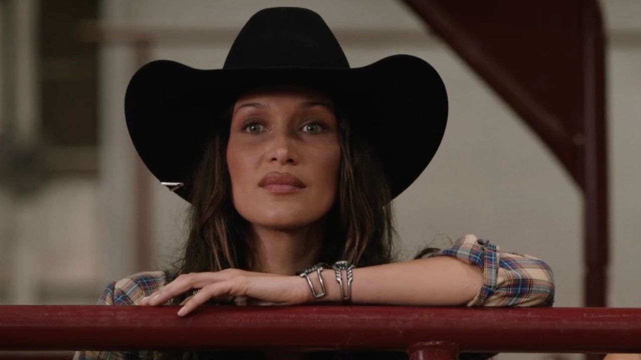 Bella Hadid in her cameo on yellowstone wearing a ten gallon hat and her cowboy boots