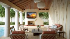 outdoor TV on a covered patio by a pool