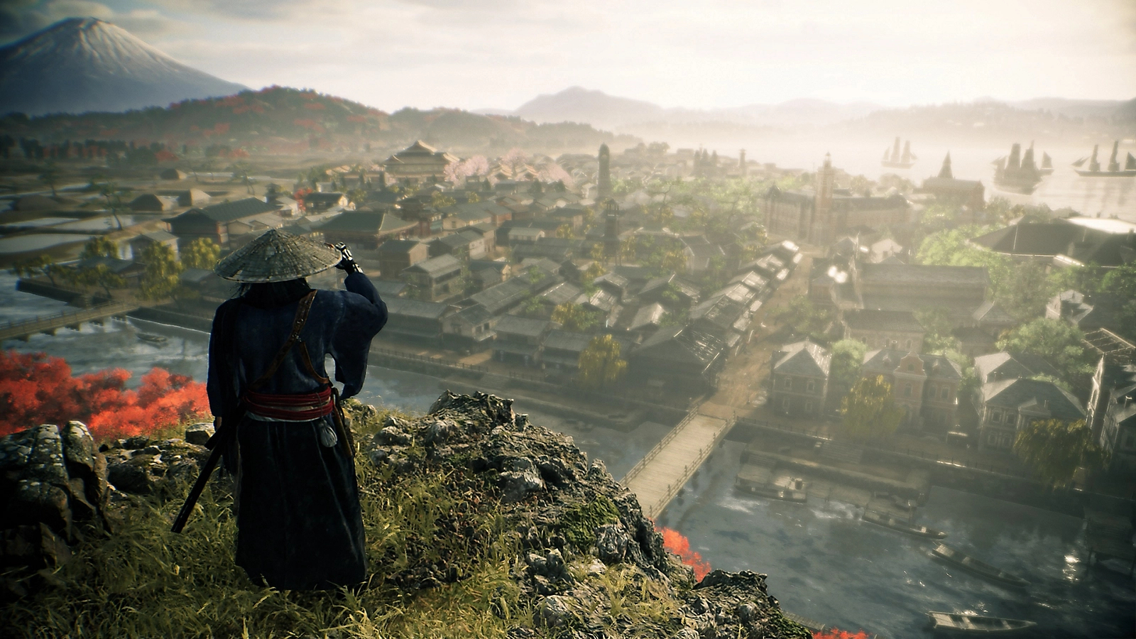 A character in Rise of the Ronin looking out over a landscape from the game
