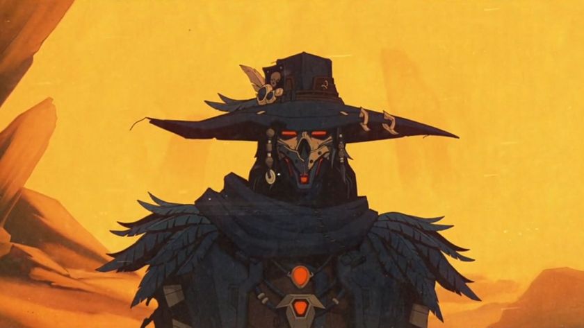 A robot cowboy stands in a desert