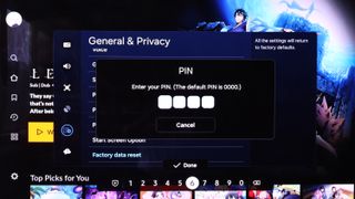 The Samsung Tizen OS (2024) Factory data reset submenu prompting the user to enter a PIN