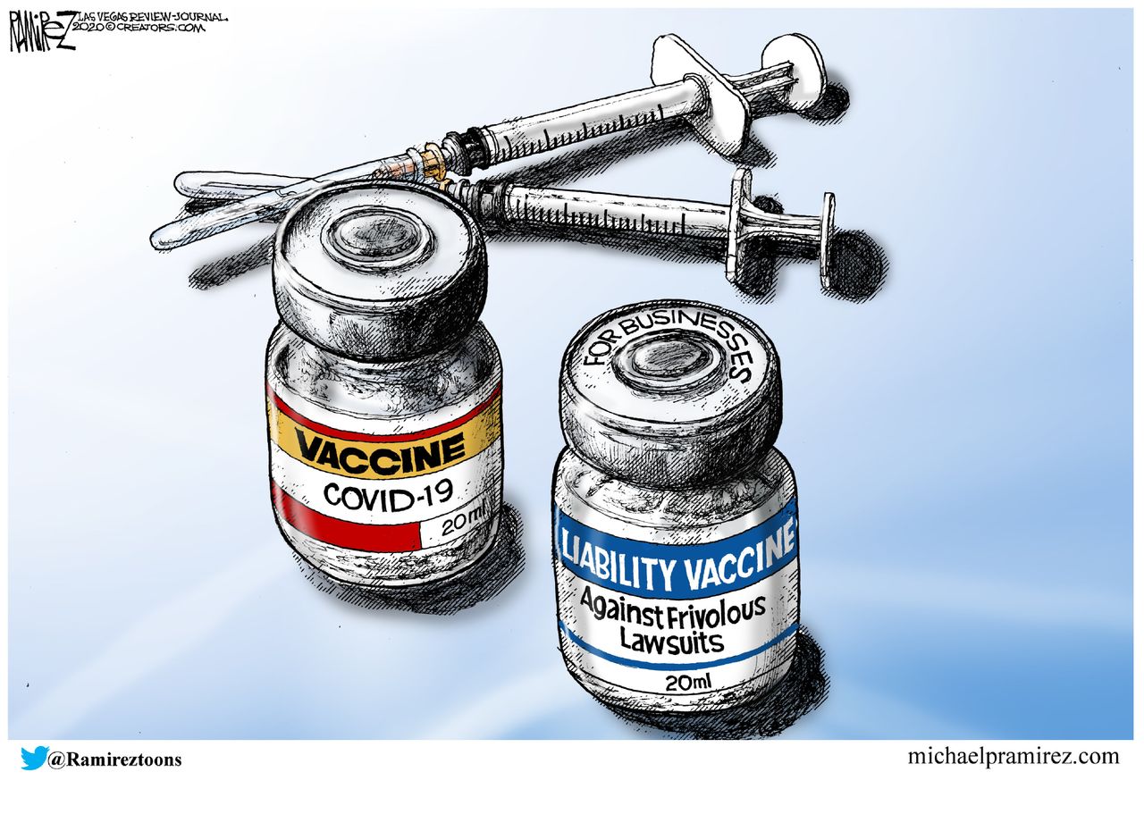 Editorial Cartoon U.S. covid vaccine insurance liability