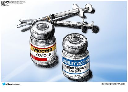 Editorial Cartoon U.S. covid vaccine insurance liability