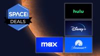 Hulu, Max, Disney Plus and Paramount Plus logos surrounded in a white glow on an orange planet background with a space.com deals logo in the top left corner.