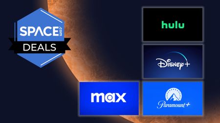 Hulu, Max, Disney Plus and Paramount Plus logos surrounded in a white glow on an orange planet background with a space.com deals logo in the top left corner.