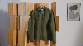 Front image of a green hooded parka style sweater on a wooden hanger, wooden frame, grey walls, black framed abstract picture hung on the wall to the right