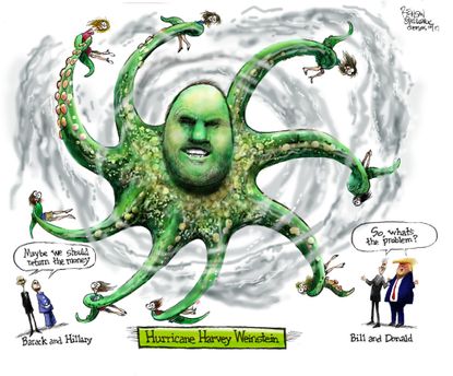 Political cartoon U.S. hurricane Harvey Weinstein Democrats Bill Clinton Trump