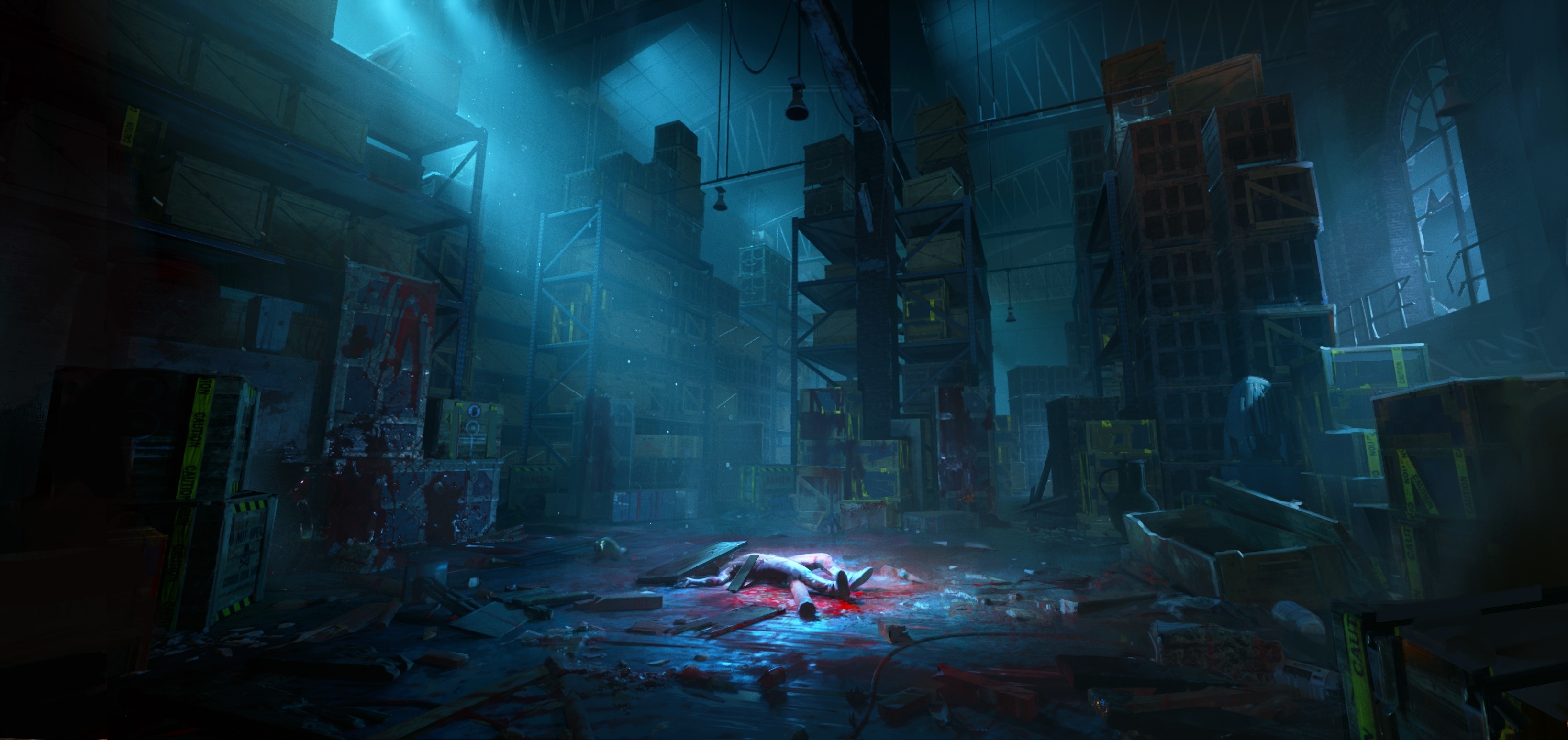 concept art of dead body in industrial setting