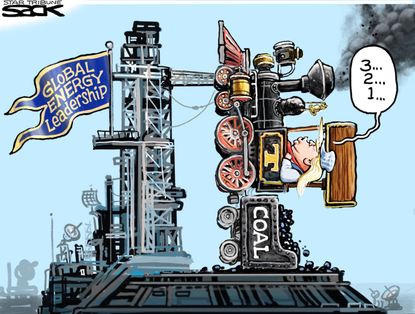 Political cartoon U.S. Trump Paris climate accord coal train