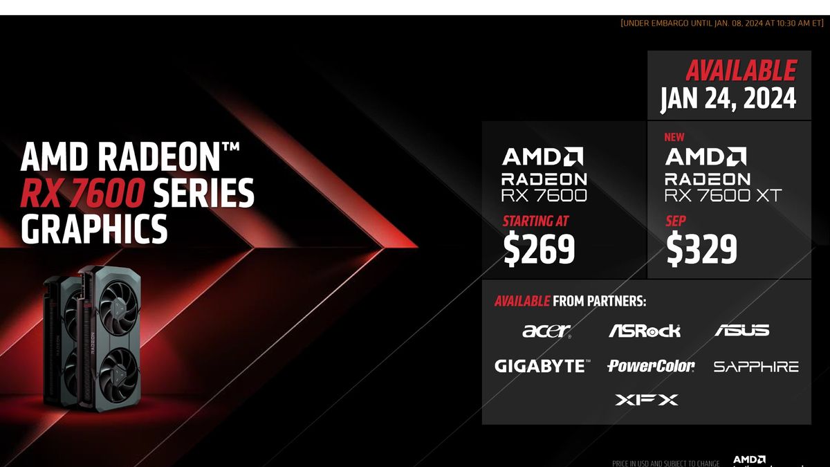 AMD Radeon RX 7600 XT announcement slides and cards