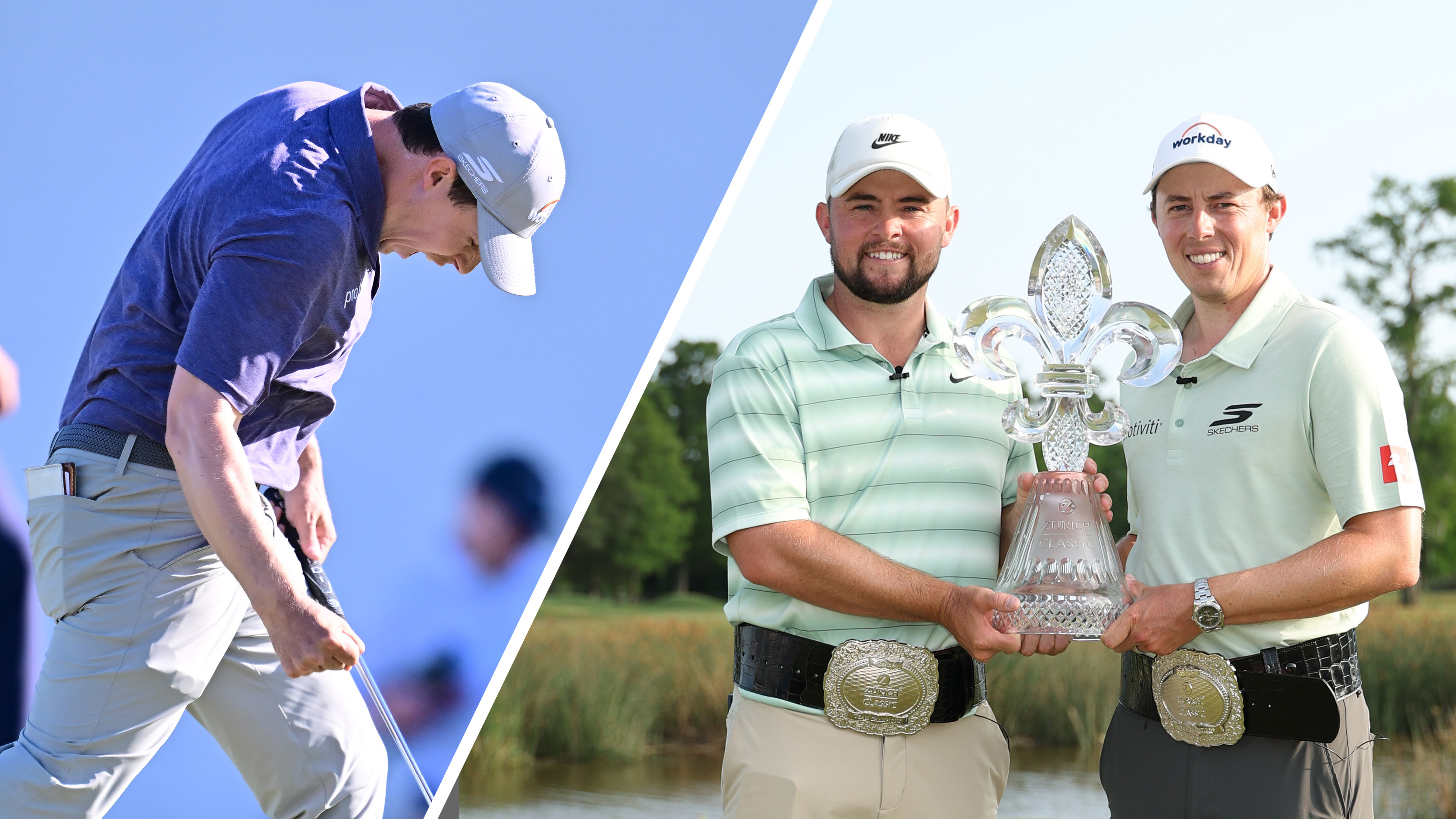 (left) Matt Fitzpatrick celebrates after winning the Valspar Championship while (right) he and brother Alex pose with the Zurich Classic of New Orleans trophy
