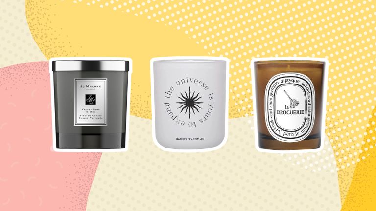Best scented candles graphic with Jo Malone candle, Damselfly Grace candle and Diptyque candle