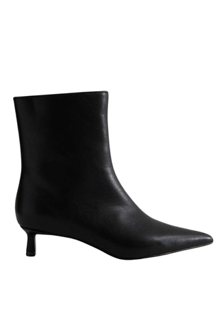 Black Leather Look Pointed Kitten Heel Ankle Boots