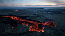 An aerial view across volcanic eruption in Iceland