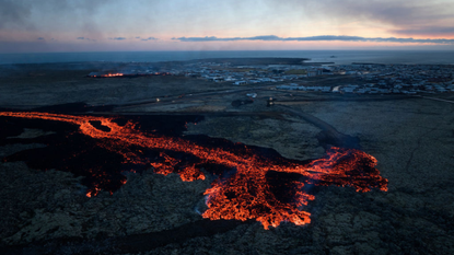 An aerial view across volcanic eruption in Iceland