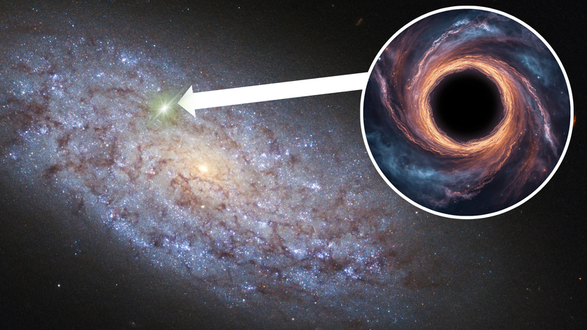 An illustration shows a wandering black hole and its home, a shining off center AGN in a dwarf galaxy