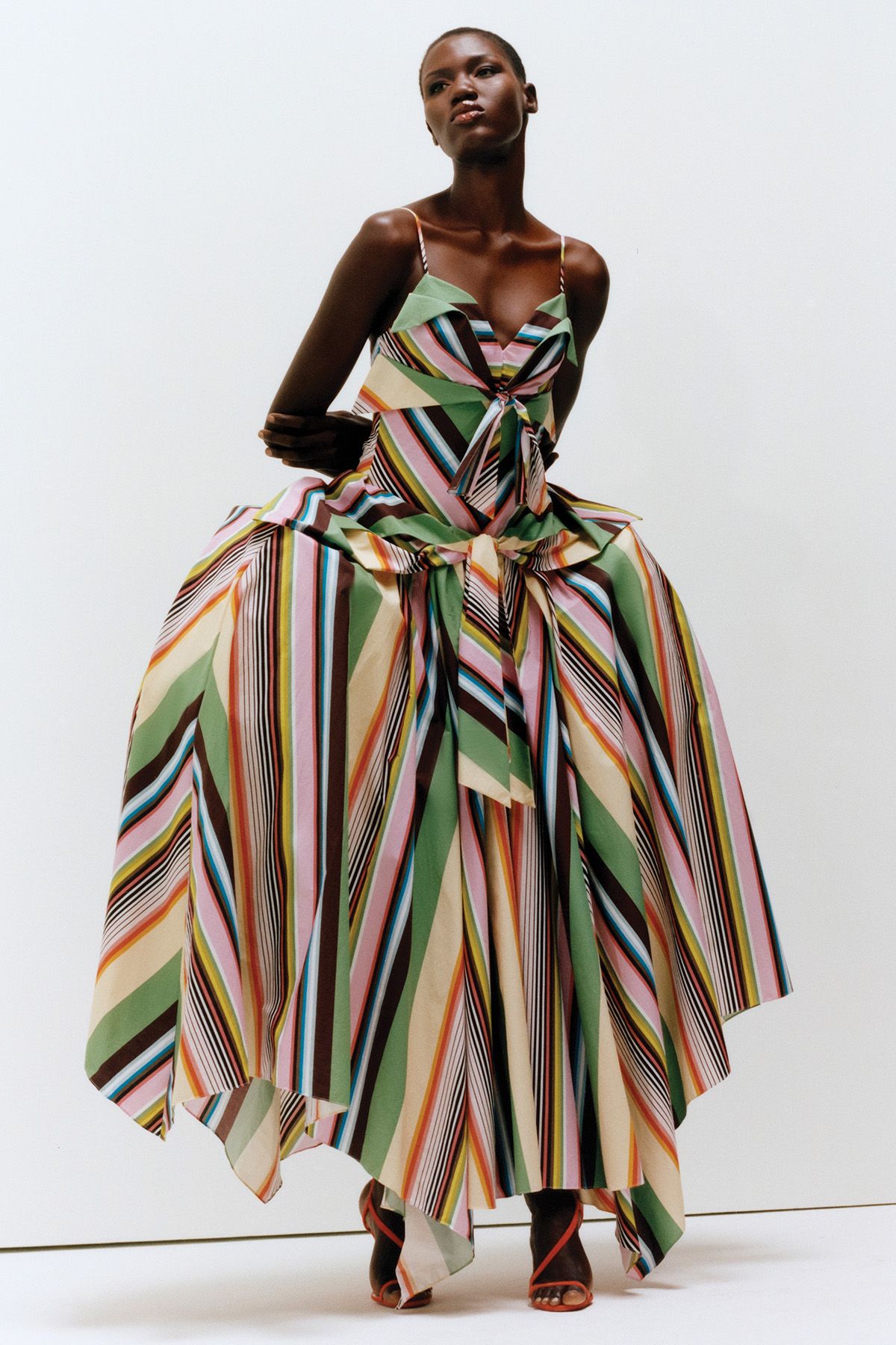 CHRISTOPHER JOHN ROGERS Multi-Striped Tie-Front Handkerchief-Hem Dress$