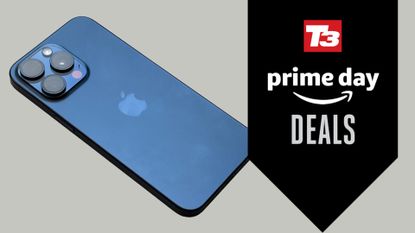 The iPhone 15 Pro Max in blue on a beige background