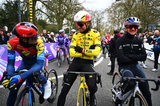 GHENT BELGIUM MARCH 01 LR Jasper Stuyven of Belgium and Team LidlTrek Wout van Aert of Belgium and Team Visma Lease a Bike and Thomas Pidcock of Great Britain and Team Q365 Pro Cycling prior to the 80th Omloop Het Nieuwsblad 2025 Mens Elite a 197km one day race from Ghent to Ninove UCIWWT on March 01 2025 in Ninove Belgium Photo by Luc ClaessenGetty Images