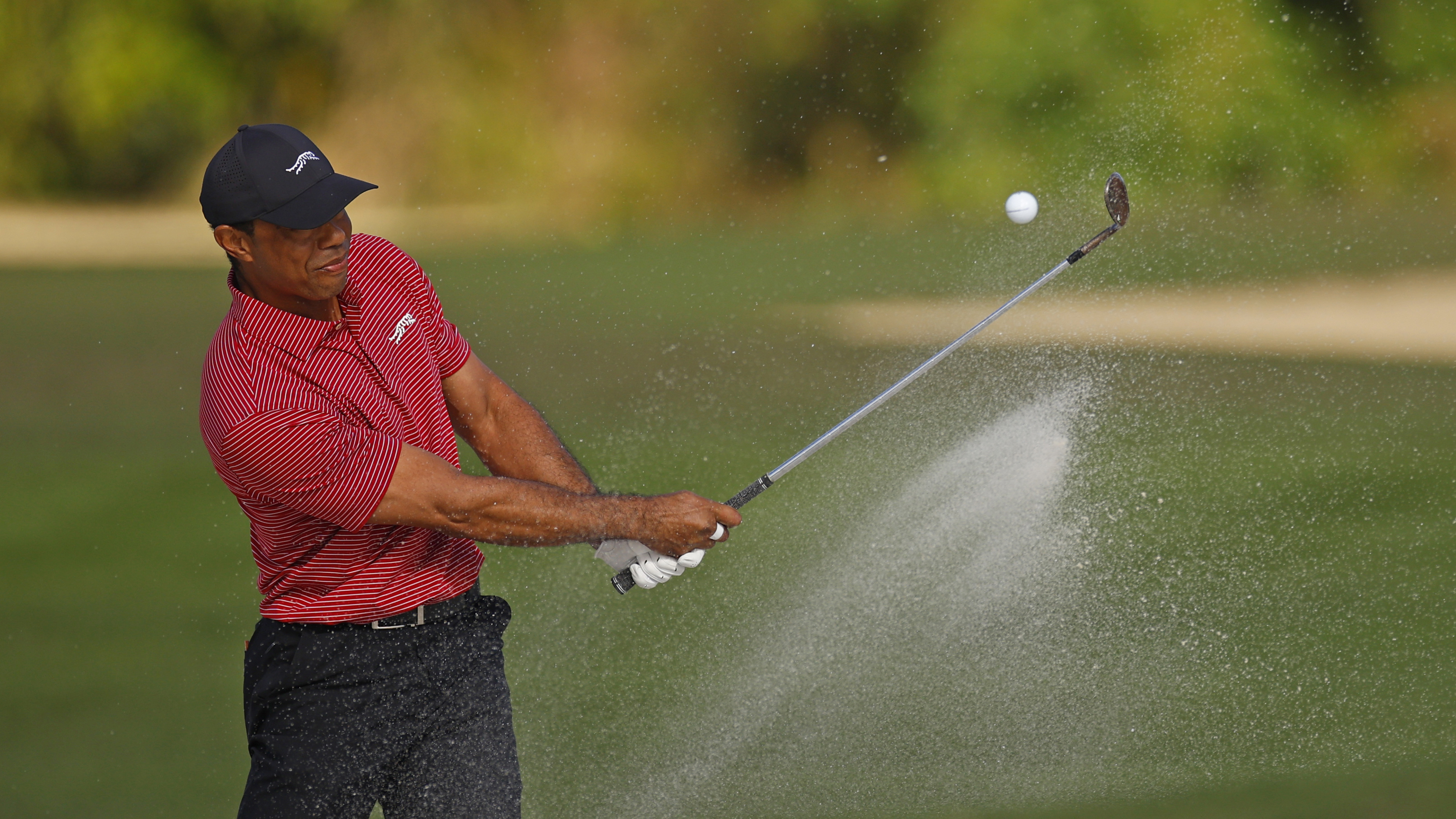 Photo of Tiger Woods hitting a bunker shot