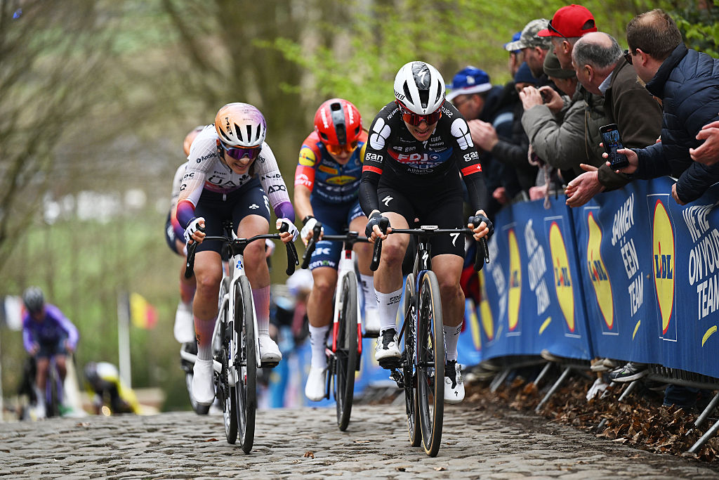 WEVELGEM, BELGIUM - MARCH 29: (L-R) Eleonora Camilla Gasparrini of Italy and UAE Team ADQ and Elise Chabbey of Switzerland and Team FDJ United - SUEZ compete in the breakaway during 13th In Flanders Fields - From Middelkerke to Wevelgem 2026 - Women's Elite a 135.2km one day race from Wevelgem to Wevelgem / #UCIWWT / on March 29, 2026 in Wevelgem, Belgium. (Photo by Luc Claessen/Getty Images)