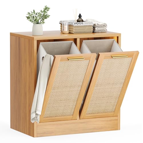 Pamapic Laundry Cabinet, Bathroom Cabinet With With Breathable Real Rattan Design, Clothes Storge Basket With 2 Removable Laundry Baskets, Bathroom Storage Unit, Anti-Tip, 66 X 39,5 X 68 Cm, Naturel