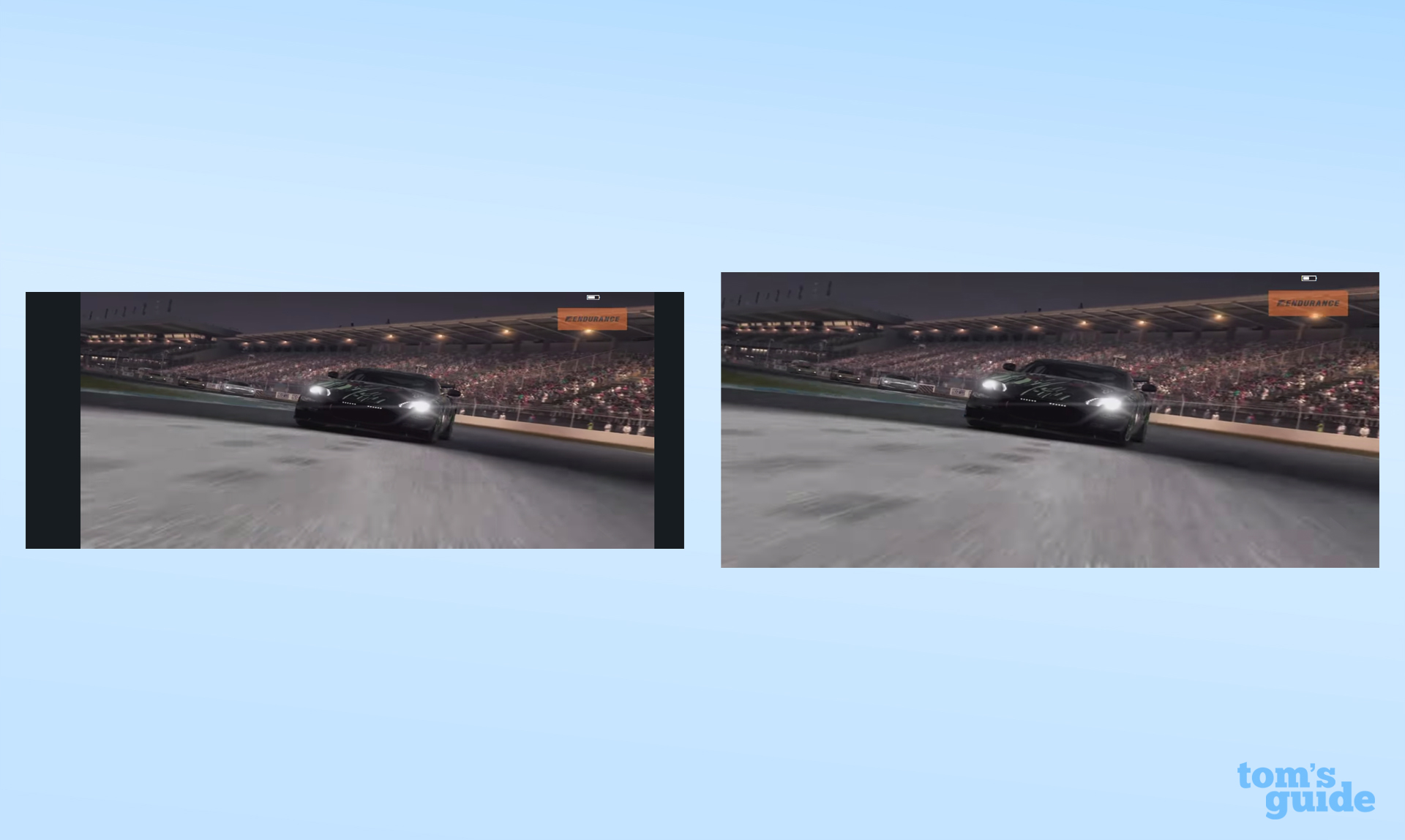 Two screenshots of Grid Autosport showing the difference between the Galaxy Z Fold 4's outer display and a regular smartphone screen