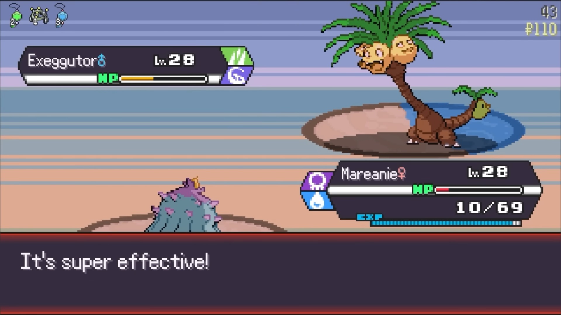 PokéRogue battle scene with Exeggutor vs Mareanie