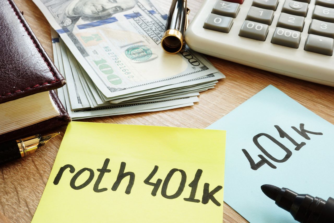 Post-it notes with &quot;401(k) and &quot;Roth 401(k)&quot; written on them, with money and a calculator.